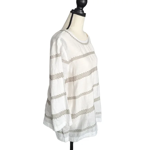 J Jill Love Linen Cross Stitch Casual Top White Sage Brush Size M - Picture 2 of 10